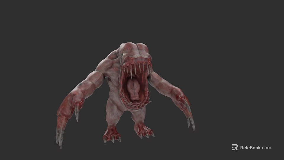 Game Film Monster Character with Open Mouth Sharp Teeth Long Claws Red and White Skin 3d model 