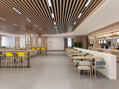 Modern Open Restaurant Interior With Yellow Chairs Wooden Ceiling Dining Tables And Green Plants 3d model