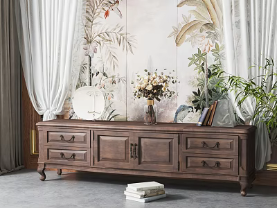 Wooden TV Stand with Drawers and Cabinets near Floral Wall Mural Curtains and Plants 3d model