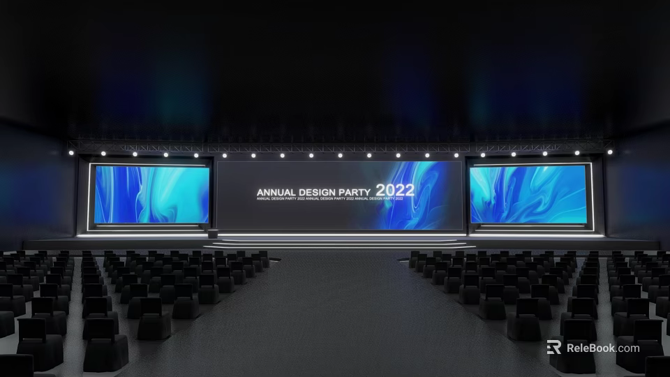 Conference Room Setup for Annual Design Party 2022 With Large Blue Screens and Seats 3d model 