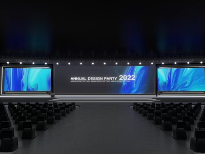 Conference Room Setup for Annual Design Party 2022 With Large Blue Screens and Seats 3d model