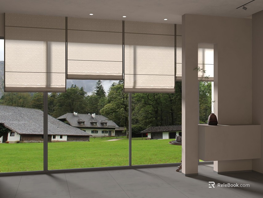 Roman Blinds Covering Large Windows In Modern Interior With Green Grass And Trees Outside View 3d model 