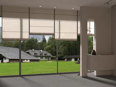 Roman Blinds Covering Large Windows In Modern Interior With Green Grass And Trees Outside View 3d model