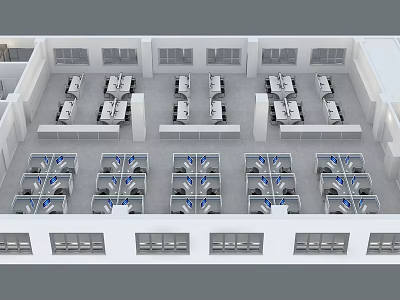 Aerial View of Modern Office Area with Neatly Arranged Workstations Cubicles and Windows 3d model