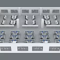Aerial View of Modern Office Area with Neatly Arranged Workstations Cubicles and Windows