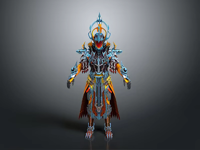 Mythical Character And Armored Creature With Intricate Spiked Armor Ornate Headpiece Blue Orange Accents 3d model