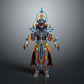 Mythical Character And Armored Creature With Intricate Spiked Armor Ornate Headpiece Blue Orange Accents