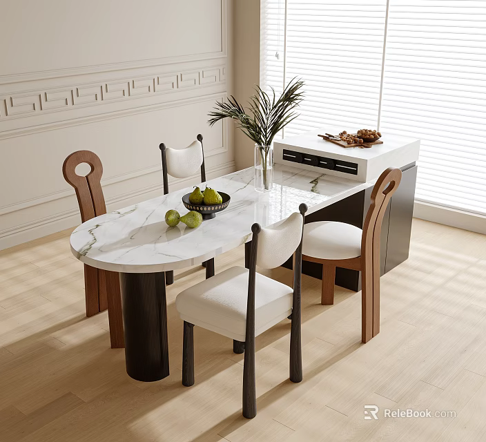 Elegant Dining Table Chairs Set With Marble Top Black Legs Brown Backrest White Cushions 3d model