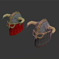 Two Viking Warrior Helmets With Horns Red Cloth Chainmail And Metallic Design