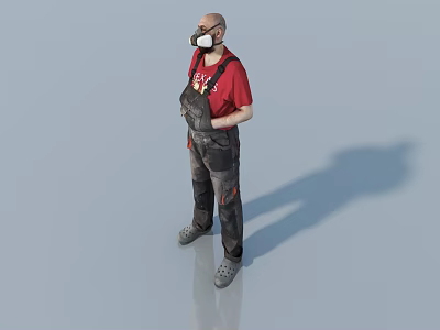 Man in red T-shirt and black overalls wearing face mask standing on light gray floor 3d model