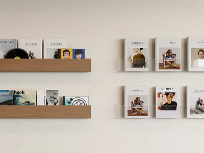 Wall Mounted Wooden Shelves with Vinyl Records Books and Framed Photos Neatly Arranged 3d model