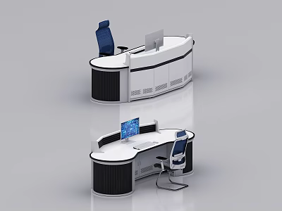 Modern Monitoring Room Workstation With Curved Control Console And Computer Screens 3d model