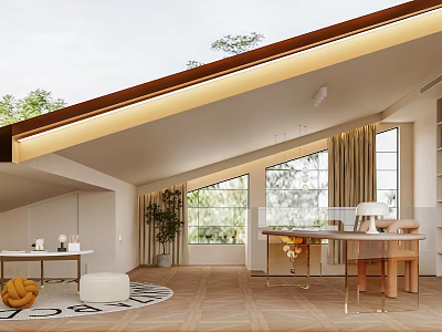 Modern Study Room Interior Design With Vaulted Ceiling Large Windows Green Plants And Wooden Desk 3d model