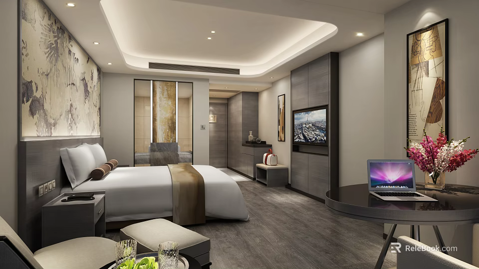 Luxury Modern Hotel Guest Room With King Bed Flat TV Work Desk And Decorative Art 3d model 