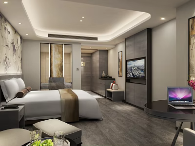 Luxury Modern Hotel Guest Room With King Bed Flat TV Work Desk And Decorative Art 3d model