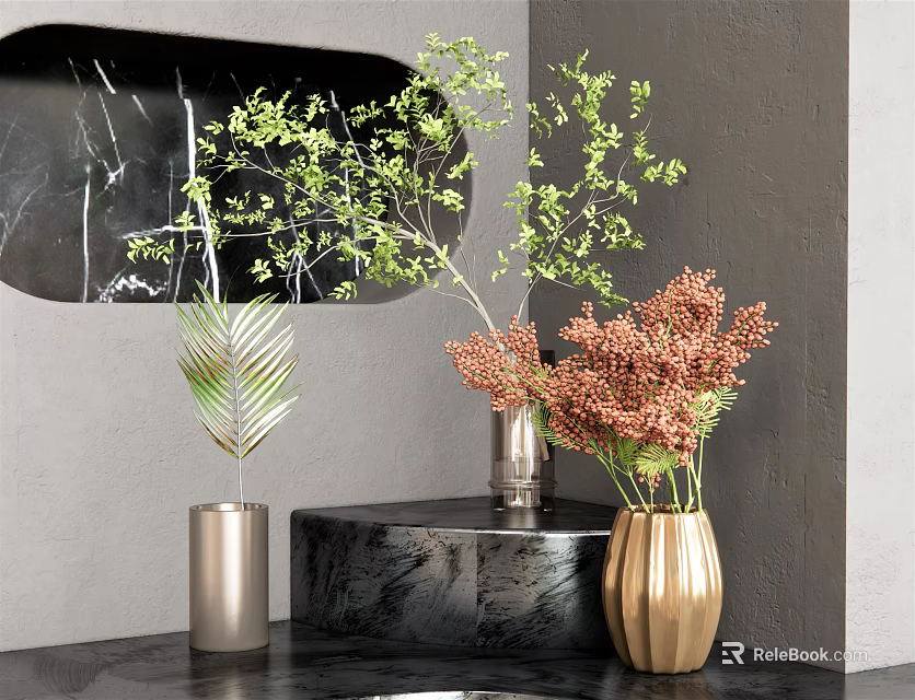 Elegant Vase with Flowers Green Leaves and Orange Blooms on Marble Countertop Gray Wall 3d model 
