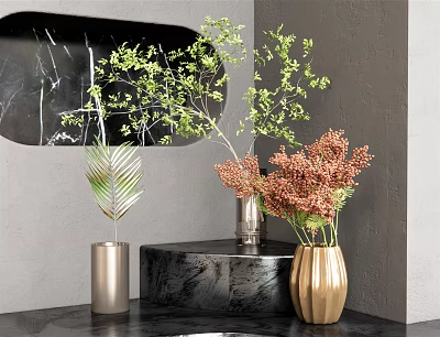Elegant Vase with Flowers Green Leaves and Orange Blooms on Marble Countertop Gray Wall 3d model