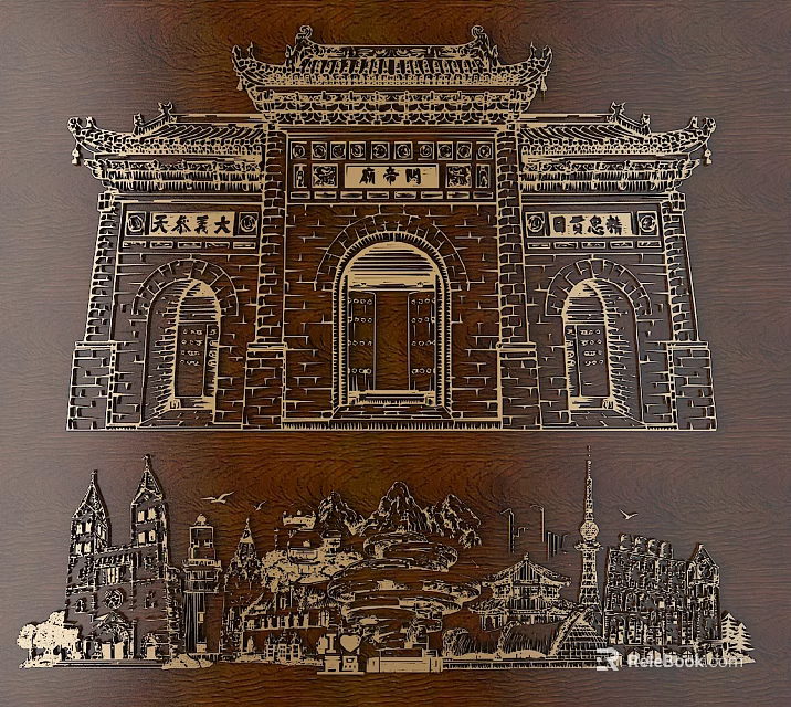 Intricate Chinese Carved Patterns On Wooden Panel With Architectural Gate Windows And Landscape 3d model 