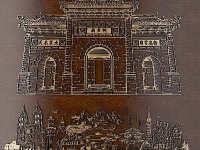 Intricate Chinese Carved Patterns On Wooden Panel With Architectural Gate Windows And Landscape 3d model