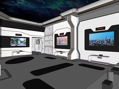 Modern Tech Interior With Multiple TV Screens Starry Ceiling And Black Floor 3d model