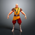 Bald Man in Yellow Top and Red Shorts with Blue Beaded Necklace and Shoulder Armor