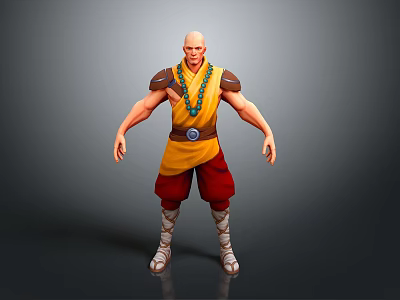 Bald Man in Yellow Top and Red Shorts with Blue Beaded Necklace and Shoulder Armor 3d model