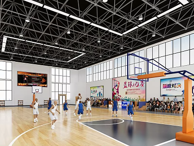 Basketball Gymnasium With Wooden Floor Basketball Players Black Steel Frame Ceiling Large Windows And Spectators 3d model