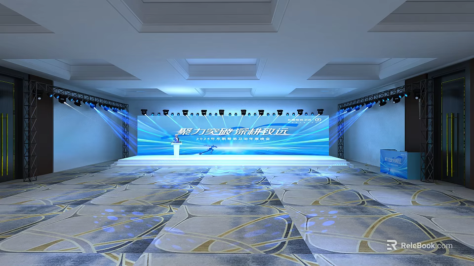 Elegant Spacious Banquet Hall With Stage Lighting Large Screen And Patterned Carpet 3d model 