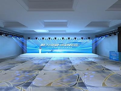Elegant Spacious Banquet Hall With Stage Lighting Large Screen And Patterned Carpet 3d model