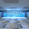 Elegant Spacious Banquet Hall With Stage Lighting Large Screen And Patterned Carpet