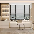 Modern Home Office Workspace With Spacious Desk Open Shelves Books Plants Chair And Area Rug