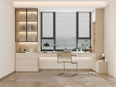 Modern Home Office Workspace With Spacious Desk Open Shelves Books Plants Chair And Area Rug 3d model