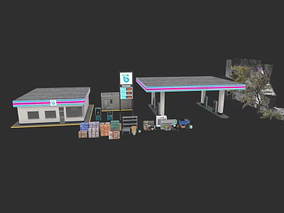 Commercial Equipment For Gas Station With Fuel Dispensers Storage Boxes And Building Structure 3d model