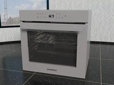 CHANGHONG White Oven In Modern Kitchen With Black Tiled Floor And Patterned Wallpaper 3d model