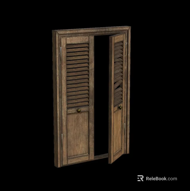 Vintage Wooden Double Doors With Louvered Design In Open Position 3d model 