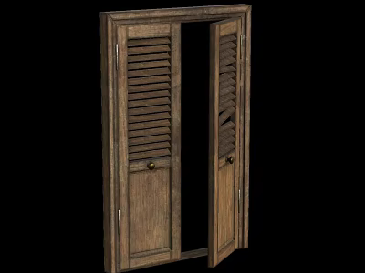 Vintage Wooden Double Doors With Louvered Design In Open Position 3d model