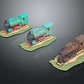 Three Different Colored Electric Toy Trains with Vintage Design and Display Bases