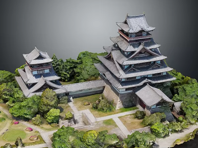 Traditional Ancient Architecture With Multi story Towers Traditional Roofs Green Trees And Stone Path Courtyard 3d model