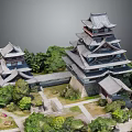 Traditional Ancient Architecture With Multi story Towers Traditional Roofs Green Trees And Stone Path Courtyard