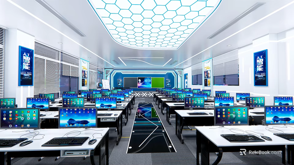 School Modern Tech Integrated Classroom With Multiple Computers Hexagonal Ceiling And Digital Displays 3d model 