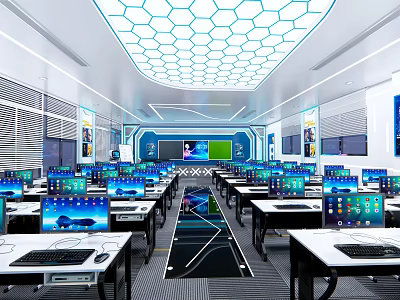School Modern Tech Integrated Classroom With Multiple Computers Hexagonal Ceiling And Digital Displays 3d model