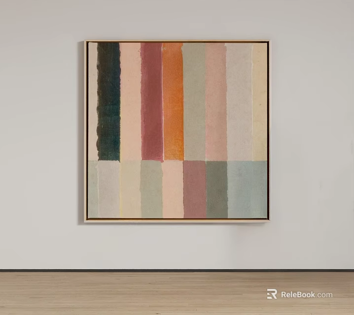 Abstract Oil Painting Featuring Colorful Vertical Stripes And Pastel Tones Framed On White Wall 3d model 