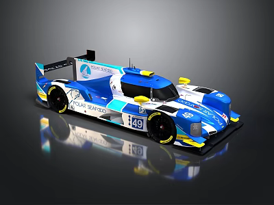 Blue and White Race Car with Yellow Accents Number 169 Streamlined Design and Reflection 3d model