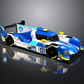 Blue and White Race Car with Yellow Accents Number 169 Streamlined Design and Reflection