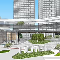 Modern Entrance Gate With Glass Curtain Wall Wooden Ceiling Columns And Lawn