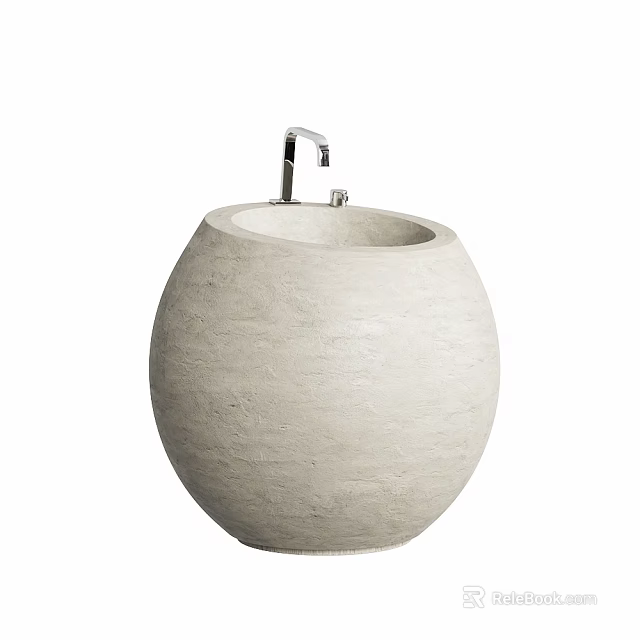 Modern Round Concrete Bathroom Washbasin With Textured Surface And Chrome Faucet 3d model 