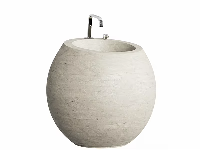 Modern Round Concrete Bathroom Washbasin With Textured Surface And Chrome Faucet 3d model