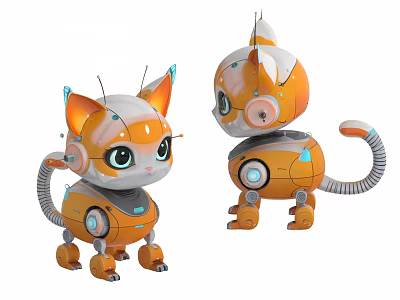 Smart Robot Cat With Orange Mechanical Design Cute Ears And Robotic Tail 3d model