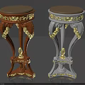 Ornate Brown and White Stools with Round Seats and Golden Decorative Accents