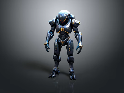 Futuristic Sci Fi Game Character With Armored Mechanical Design And Blue Yellow Color Scheme 3d model